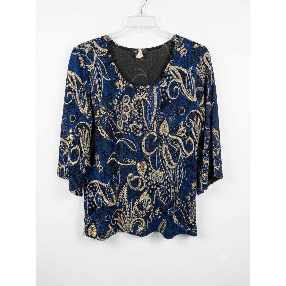 Brittany Black Blue Gold Paisley Boho Blouse 3/4 Sleeve Stretch Top